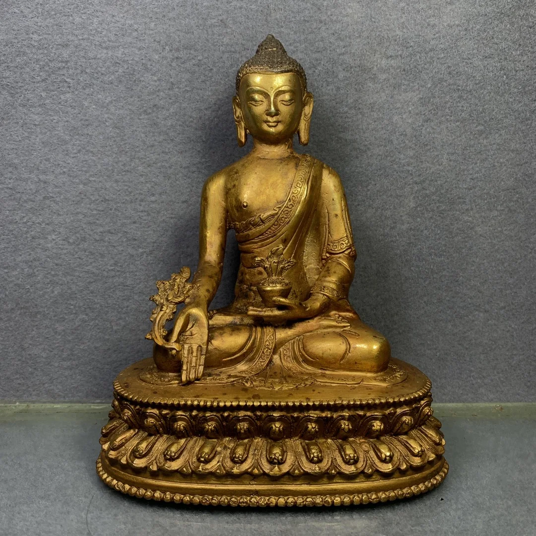 

8" Tibet Buddhism Old Bronze Gilt Medicine Buddha Buddha Ancestor of Ten Thousand Buddhas Sitting on a double lotus platform