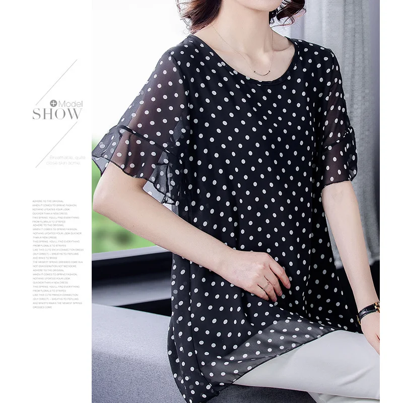 

Women's Chiffon Shirt 2021 New Fashion Summer Short-Sleeved Print Temperament Female Round Collar Pullovers Loose Casual Tops