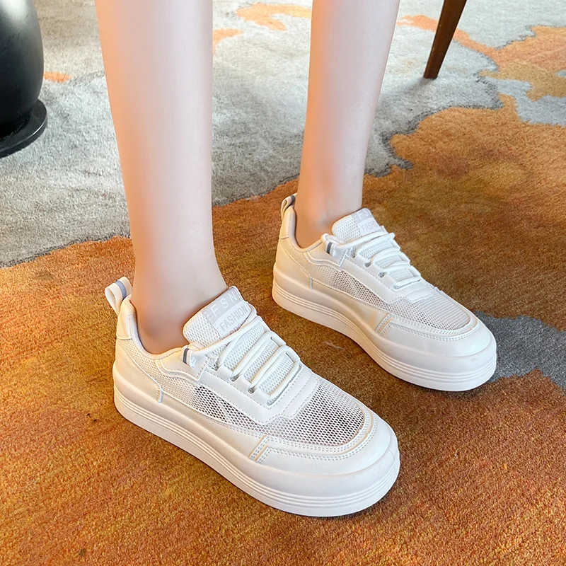 

Женские сетчатые кроссовки Nice Pop, повседневная обувь на плоской подошве, с круглым носком, на шнуровке, белые, на весну-лето