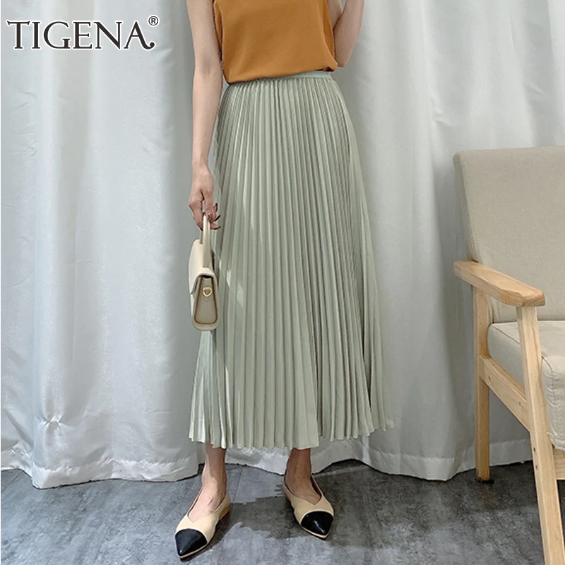 

Женская плиссированная юбка-макси TIGENA, повседневная однотонная трапециевидная длинная юбка с высокой талией, розового и зеленого цветов на...