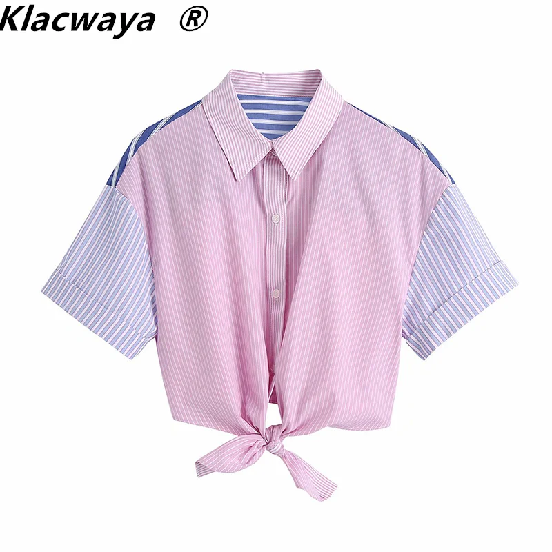 

Блузка женская Klacwaya, в полоску, с коротким рукавом, на пуговицах, с узлом, свободная, винтажная, 2021