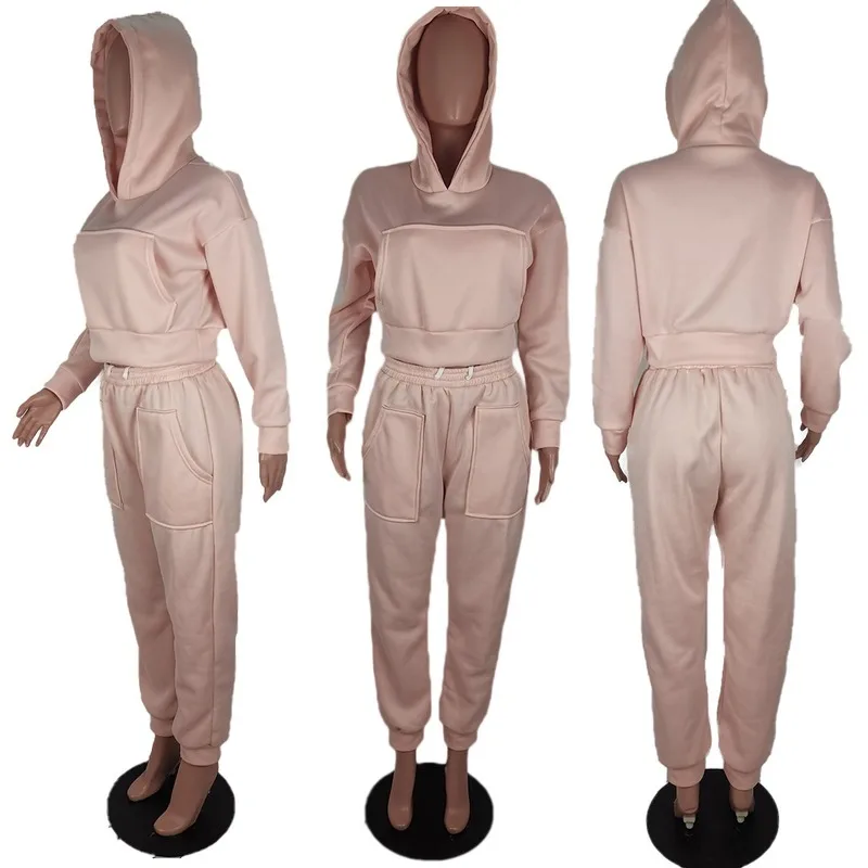 

Fitness Sportswear Two Piece Sets Women 2020 Streetwear Full Sleeve Hooded Sweatshirt and Pocket Sweatpant Female Matching Suit
