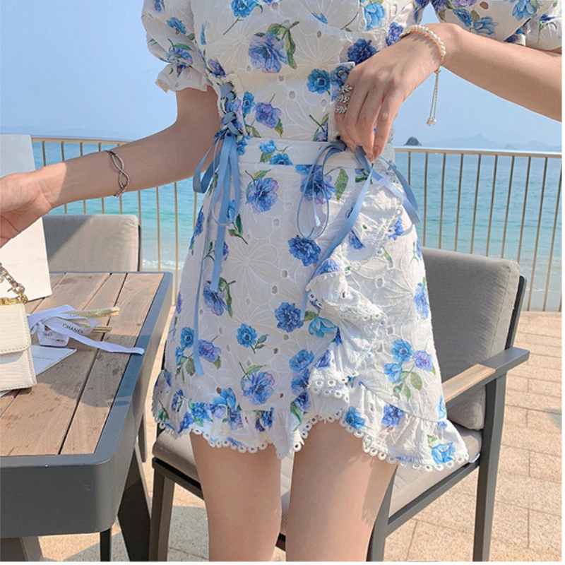 

Sweet Chiffon Floral Print Dress Women Elegant Lace Bandage Puff Sleeve Kawaii Dress Female Casual Holiday Summer Dress 2021 New