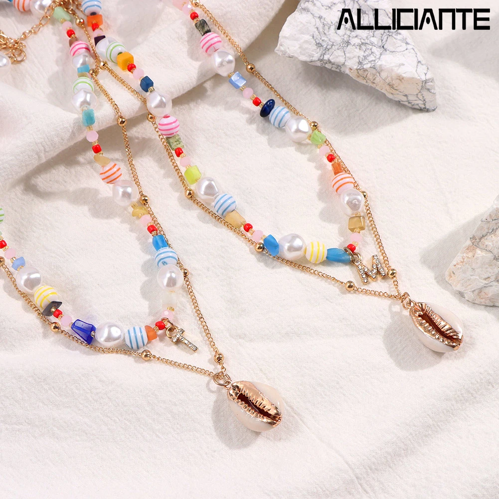 

2 Pcs Custom Letter Pearl Shell Pendant Necklaces For Women Irregular Crystal Beaded Choker Necklace Boho Collier Femme Jewelry