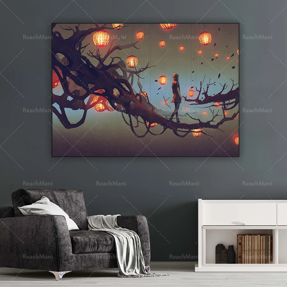 

Woman abstract prints, mysterious branches printing, fantasy art canvas print wall decoration, surrealism night red lantern canv