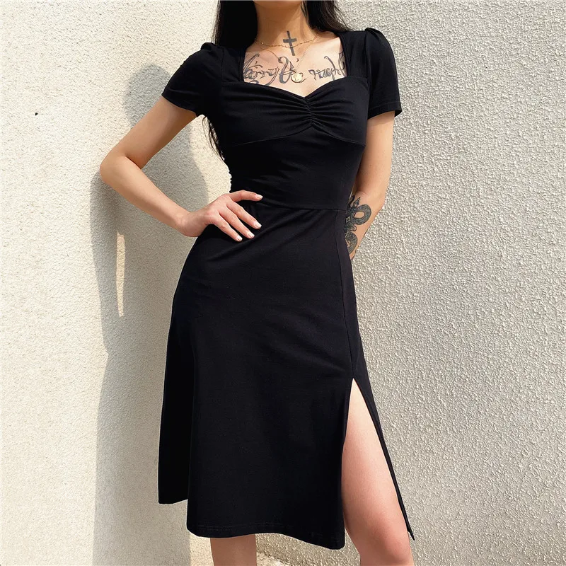 

Sexy Split Pleated Square Neck Waist Black Dress