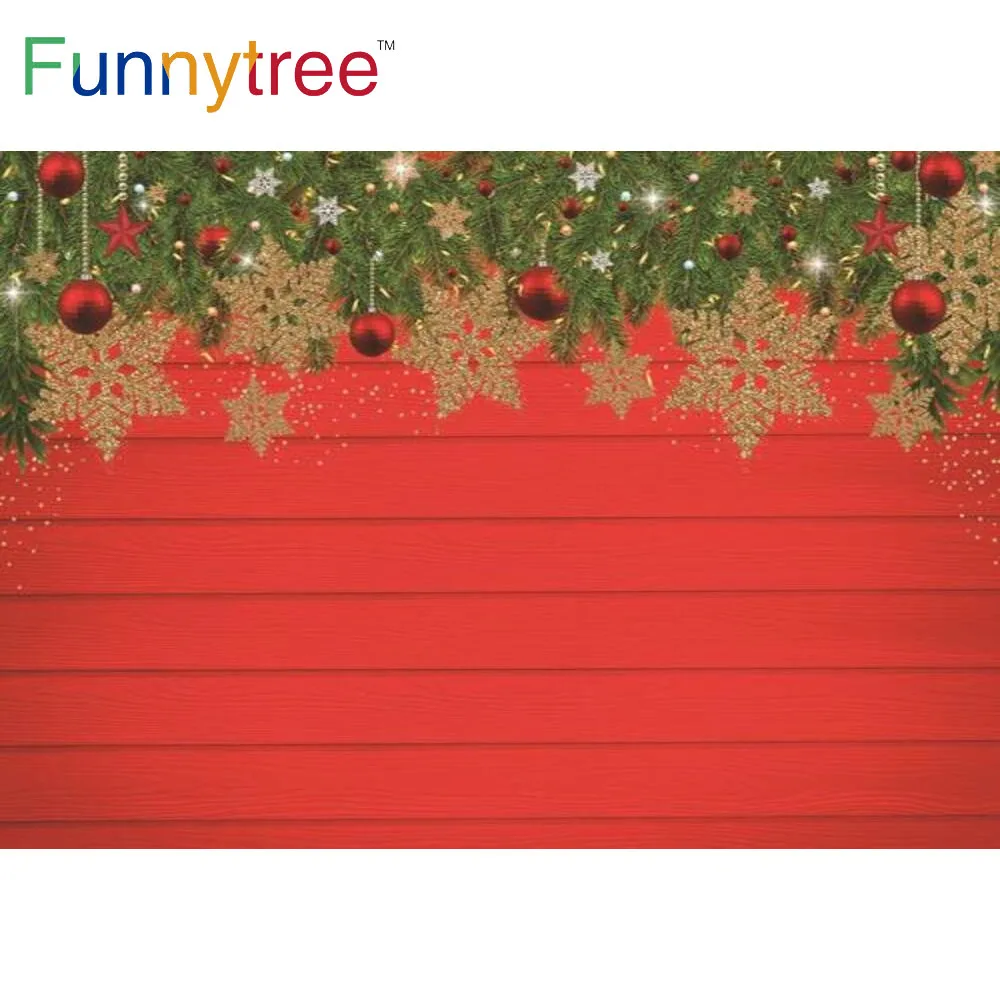 

Funnytree Merry Christmas Party Background Red Wall Branches Winter Snowflake Gold Dots Bells New Year Festival Backdrop