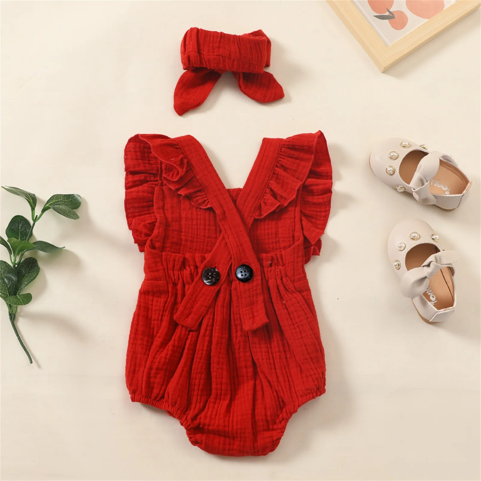 

0-24 Months Baby Romper with Headband Solid Square Collar Sleeveless Ruffled Bodysuit+ Hairband Girls