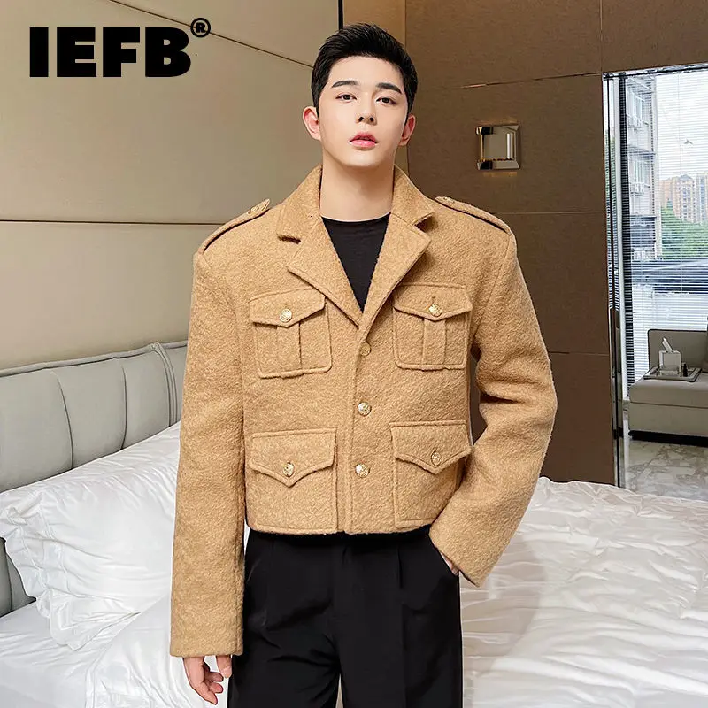 

IEFB Menswear Fashion Chic Workwear Short Jacket Men's New Notched Single Breasted Long Sleeve Woolen Coat Tide Autumn
