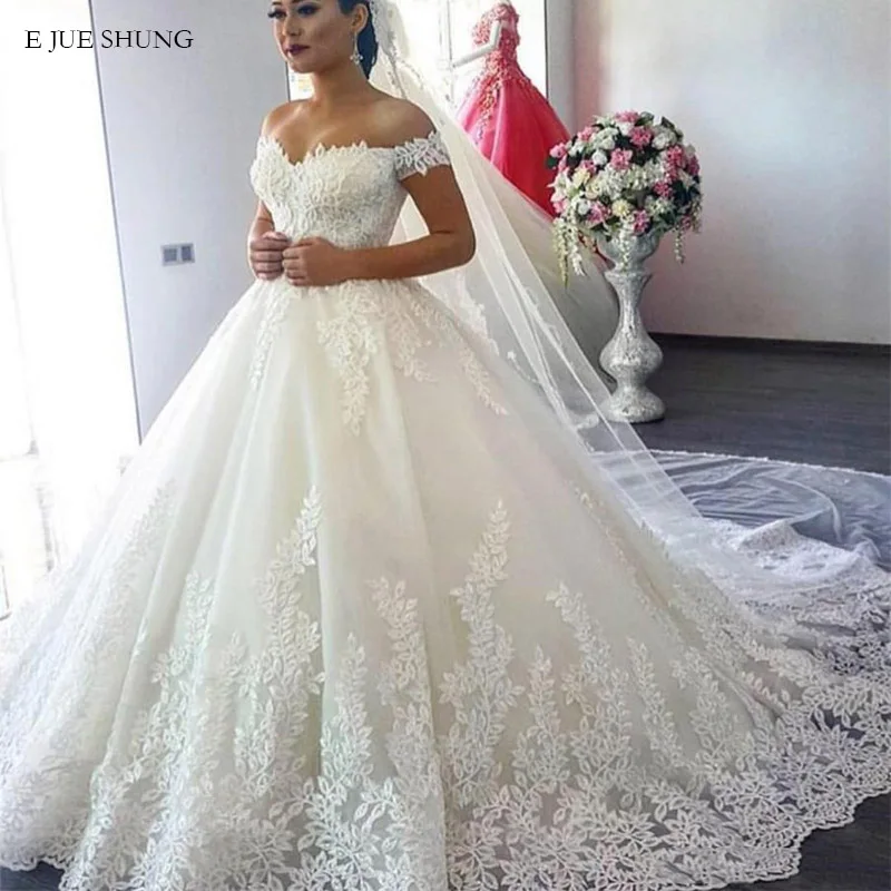 

E JUE SHUNG White Vintage Lace Appliques Ball Gown Wedding Dresses off the shoulder Bride Dresses Wedding Bridal Gowns