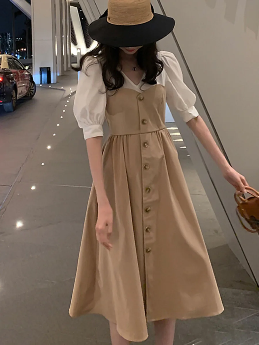 Женское платье из двух частей с пышными рукавами летние длинные корейские платья