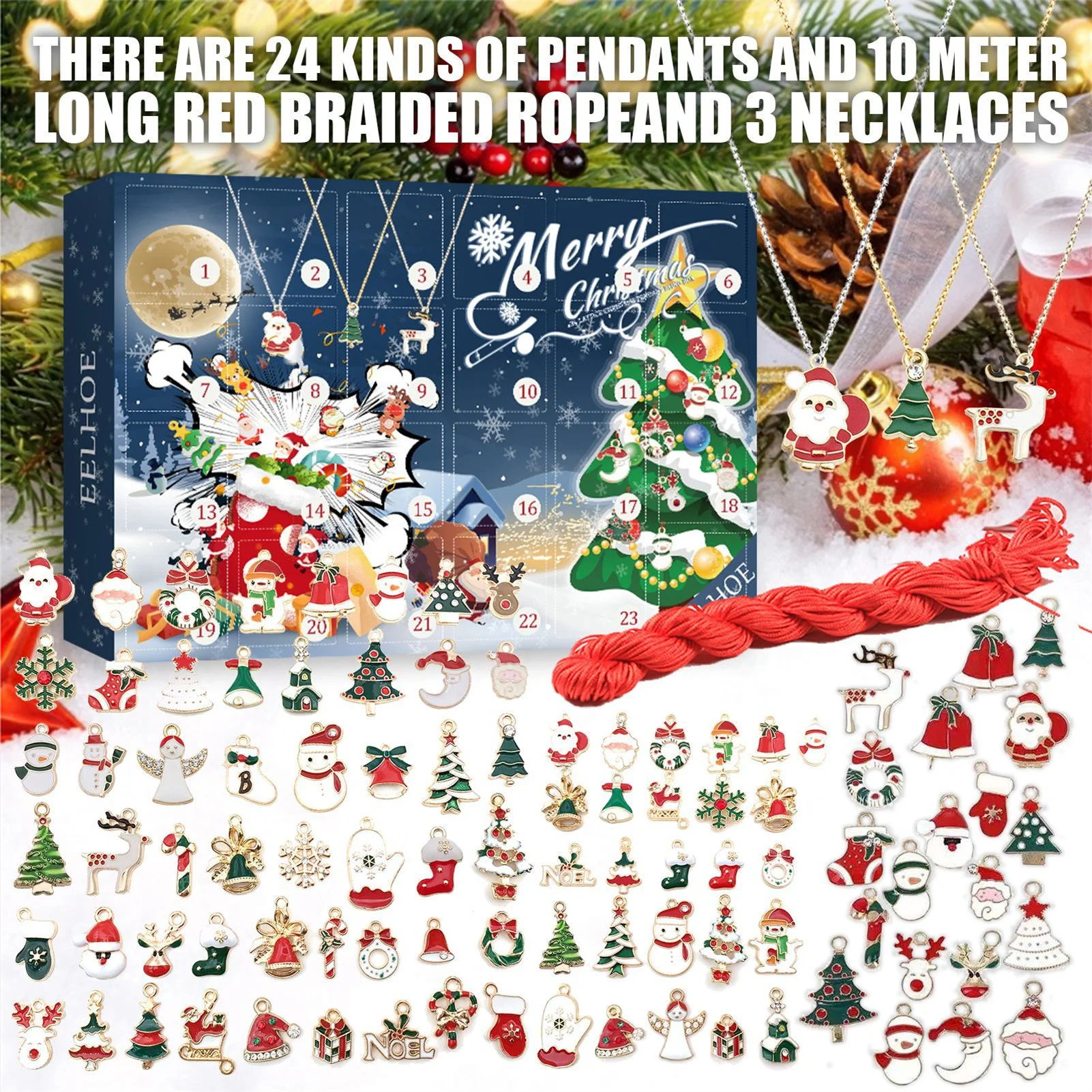 

Christmas Advent Calendar Pendant Set Lovely Bracelet Necklace Gift Box Creative Xmas Tree Decoration MOWA889