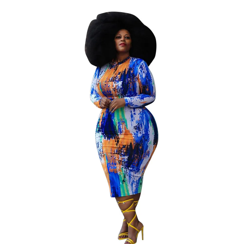 

Tie Dye Leopard Print Sexy Plus Size Dress Women Fashion Mock Neck Long Sleeve Bandage Dress Vintage Skinny Package Hip Vestidos
