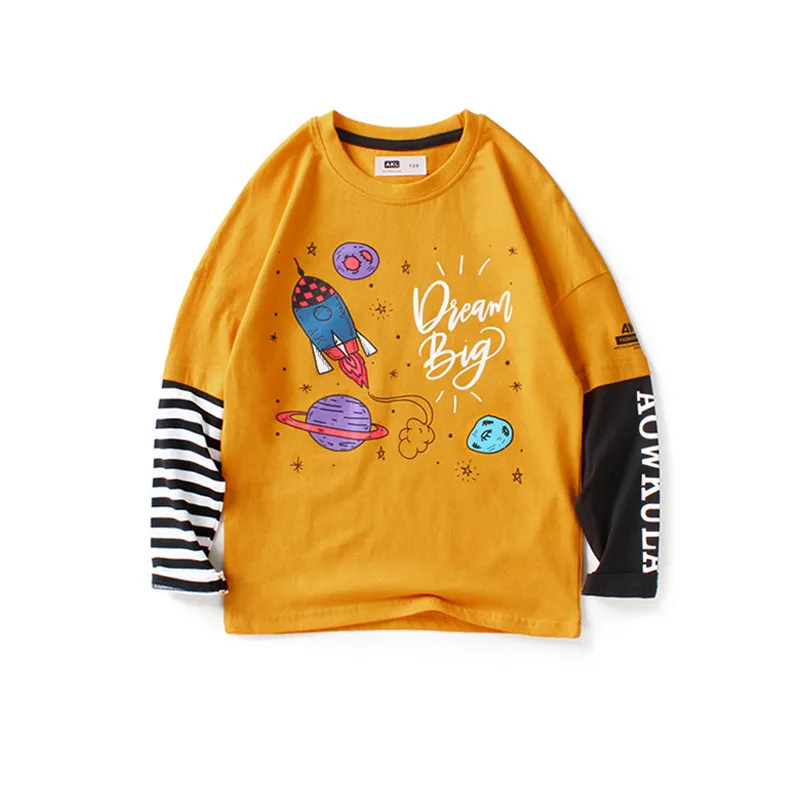 

Boys Long-Sleeved Bottoming Shirt 2021 Autumn New Youth Cotton Rocket Printing Fake Two-piece Oversize T-Shirt For 5-14 Years