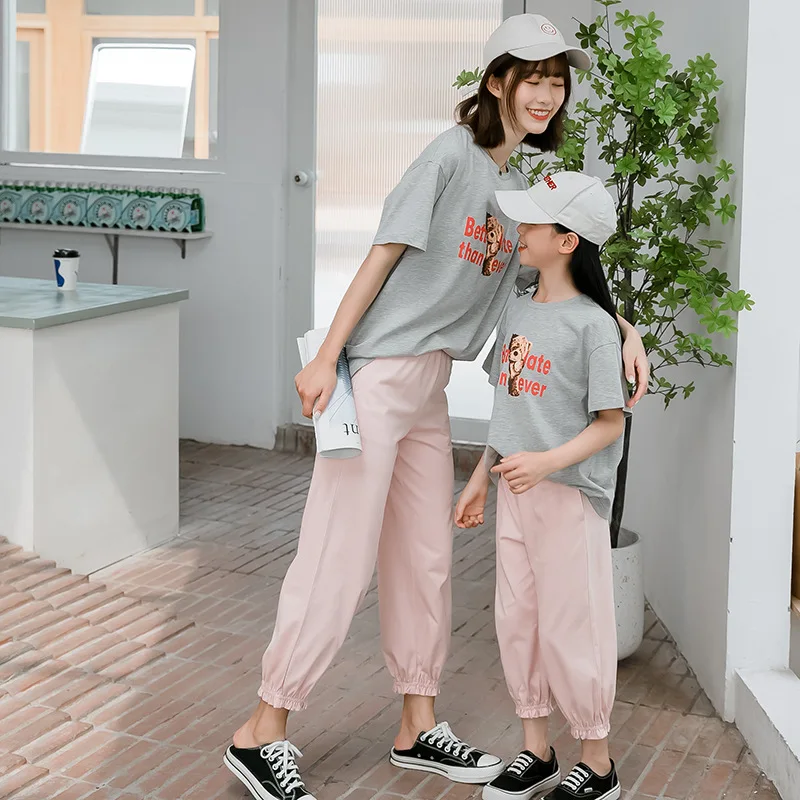 

2021 Summer Mother and Daughter Parent-child Clothes Girls' Round Neck Short Sleeve Casual Two-piece Suit Children Clothes