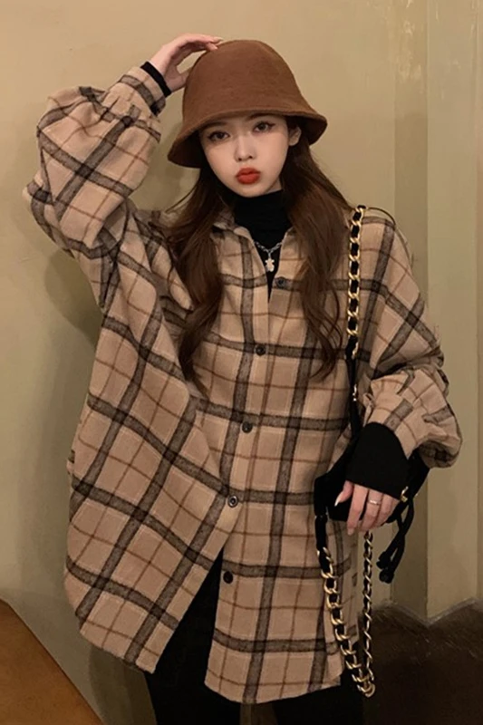 

Brushed Plaid Shirt Women's Outer Wear Retro Hong Kong Style 2020 New Loose All-Matching Long Sleeve Bfstyle Thin Coat Fashion