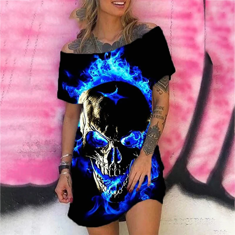 

Gothic Skull Floral Print Y2k Dress Women Plus Size Fashion Casual Short Sleeve Punk Off The Shoulder Mini Dresses 2020 Summer