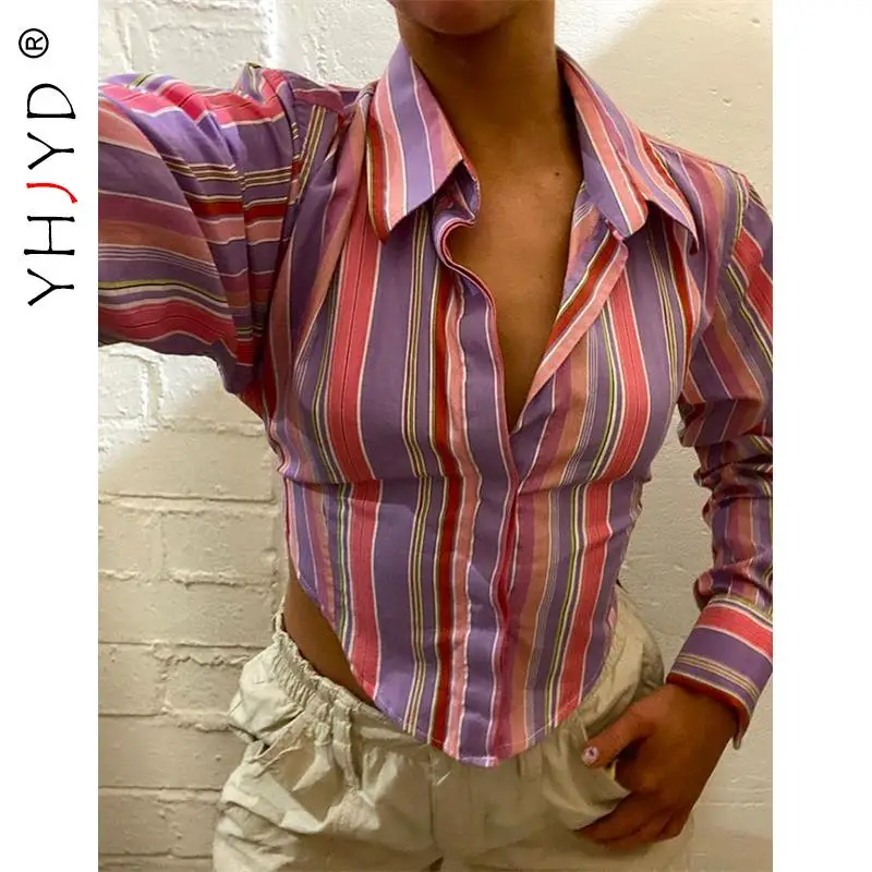 

YHJYD Sexy Backless Lace up Striped Shirts Long Sleeve Crop Top Cardigan Fall 2021 Womens Fashion Button Up Blouses