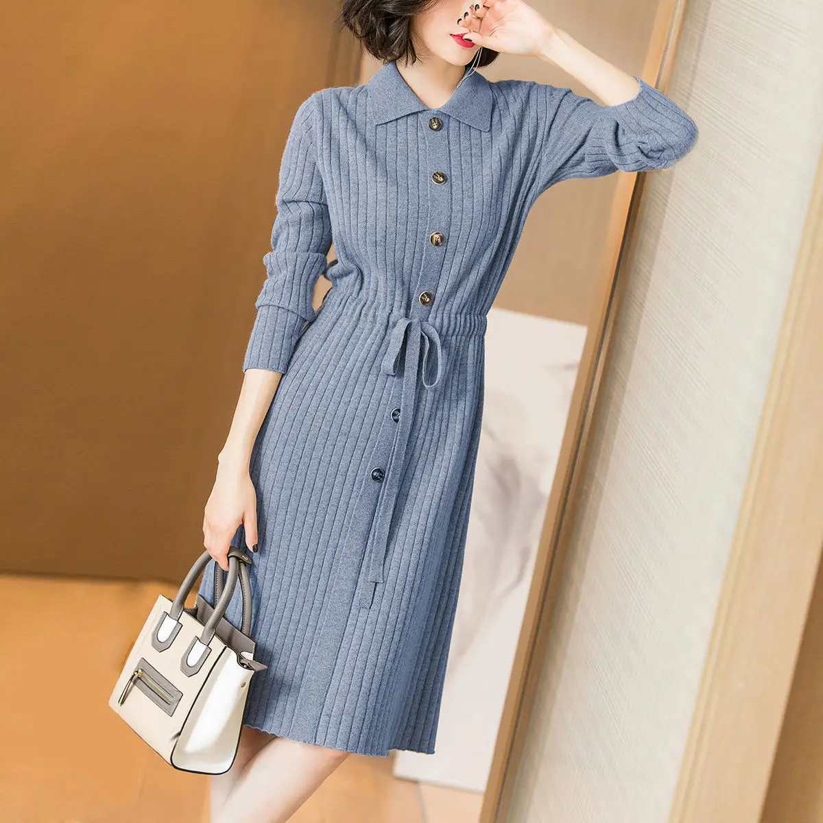 

Women Knitted Casual Dresses Fall Winter Turn-down Collar Buttons Lace Up Midi Dress Elegant Female Long Sleeve Sweater Vestidos