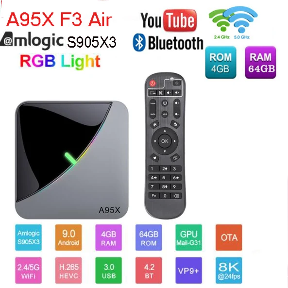 4G 64G Android 9,0 RGB светильник Smart tv Box Amlogic S905X3 USB3.0 1080P H.265 4K 60fps Wifi Google Play Netflix Youtube A95X F3 Air 8K - Цвет: 4G 64G
