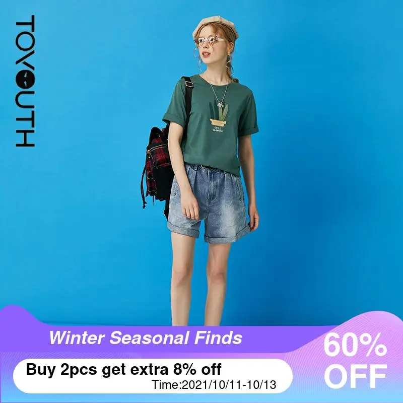 

Toyouth Women Short Jeans 2021 Summer High Waist Solid Dark Blue Vintage Casual Denim Pants