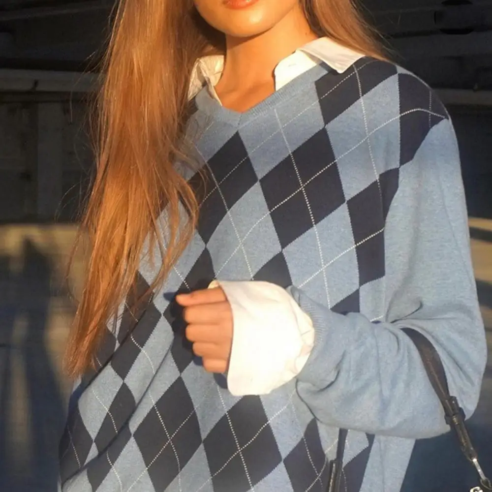 

New Fashion Casual Loose Autumn Winter Knitted Sweater Women Y2K Argyle Long Sleeve Jumper Ladies Preppy Style Pullover Knitwear