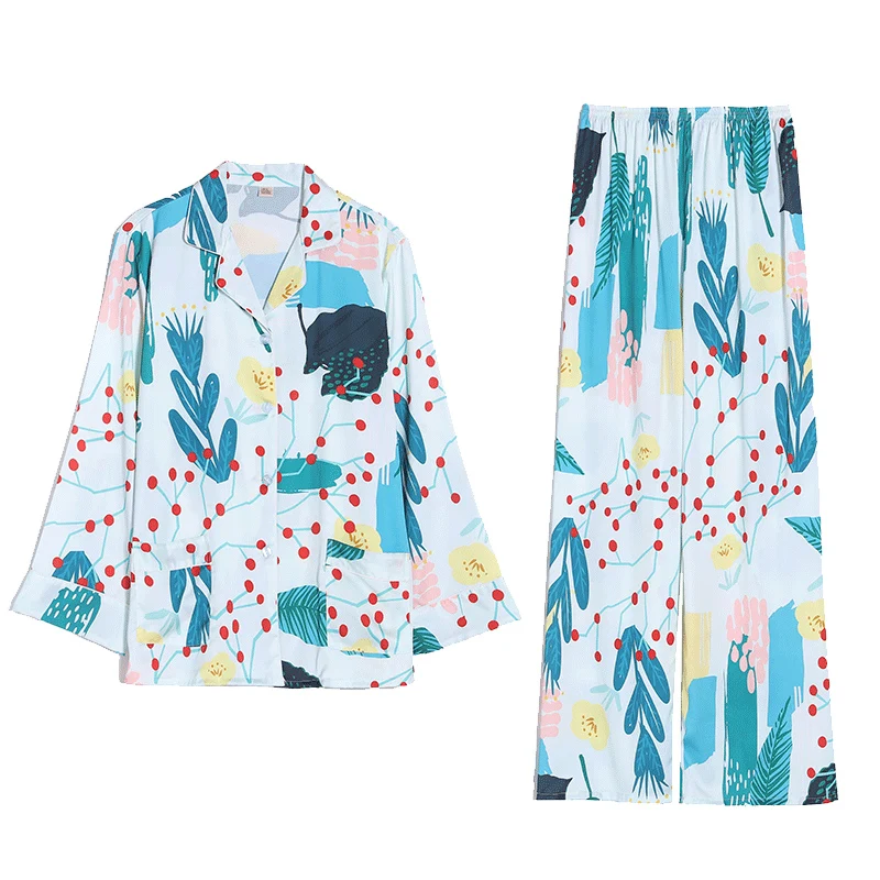 

2021 Spring Women's Pajamas Set plus size New Luxury Style Fashion Print Sleepwear Silk Like Leisure Home Clothes Nightwear