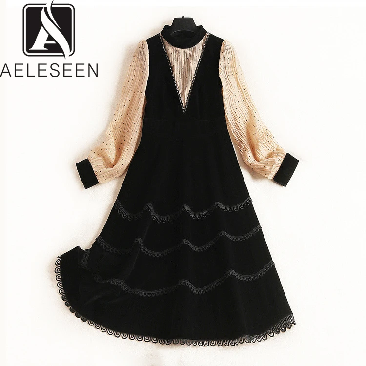 AELESEEN женские офисные платья бархатный жилет с кружевом миди Новинка Весна