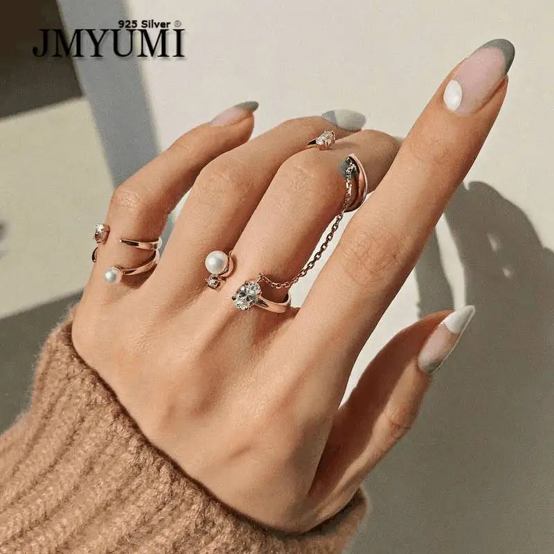 

JMYUMI 925 Sterling Silver Chain Pearl Rings for Women Couples New Fashion Creative Design Elegant Birthday Party Jewelry Gifts