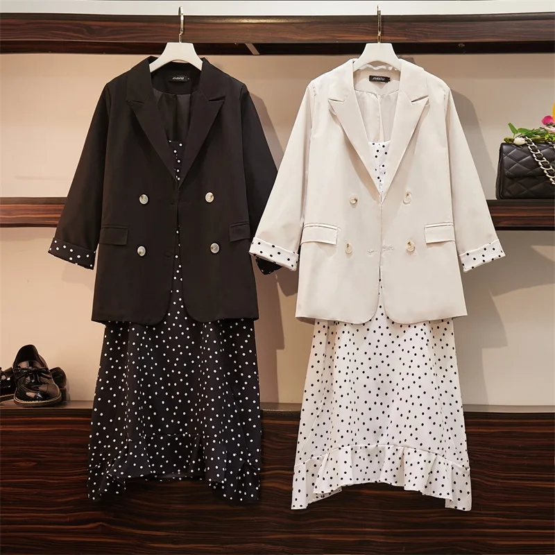 New Spring Autumn Plus Size Dress Suits Women Loose Dots Ruffles Sling Double Bressted Blazer Coat Solid jacket dress M794 | Женская