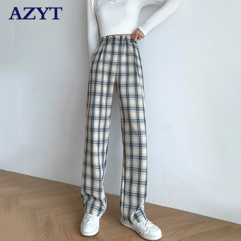

AZYT Harajuku Plaid Women Straight Pants Vintage Style High Waist Women Wide Leg Pants 2021 Autumn Casual Female Trousers