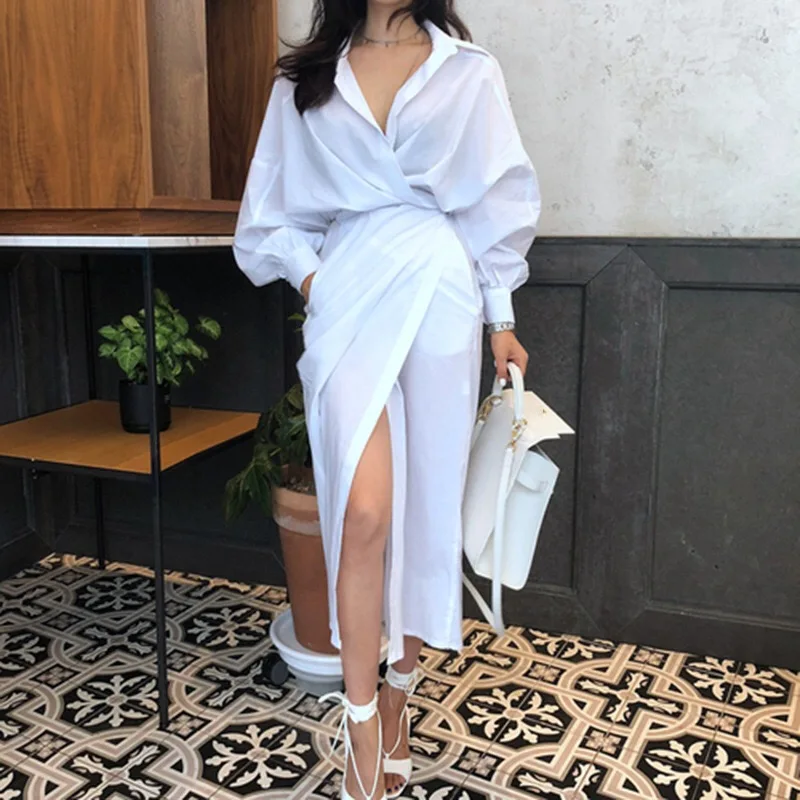 

Spring Summer Solid Color Elegant Lantern Sleeve Casual Sexy Commuter Irregular Bandage Temperament Shirt Dress White