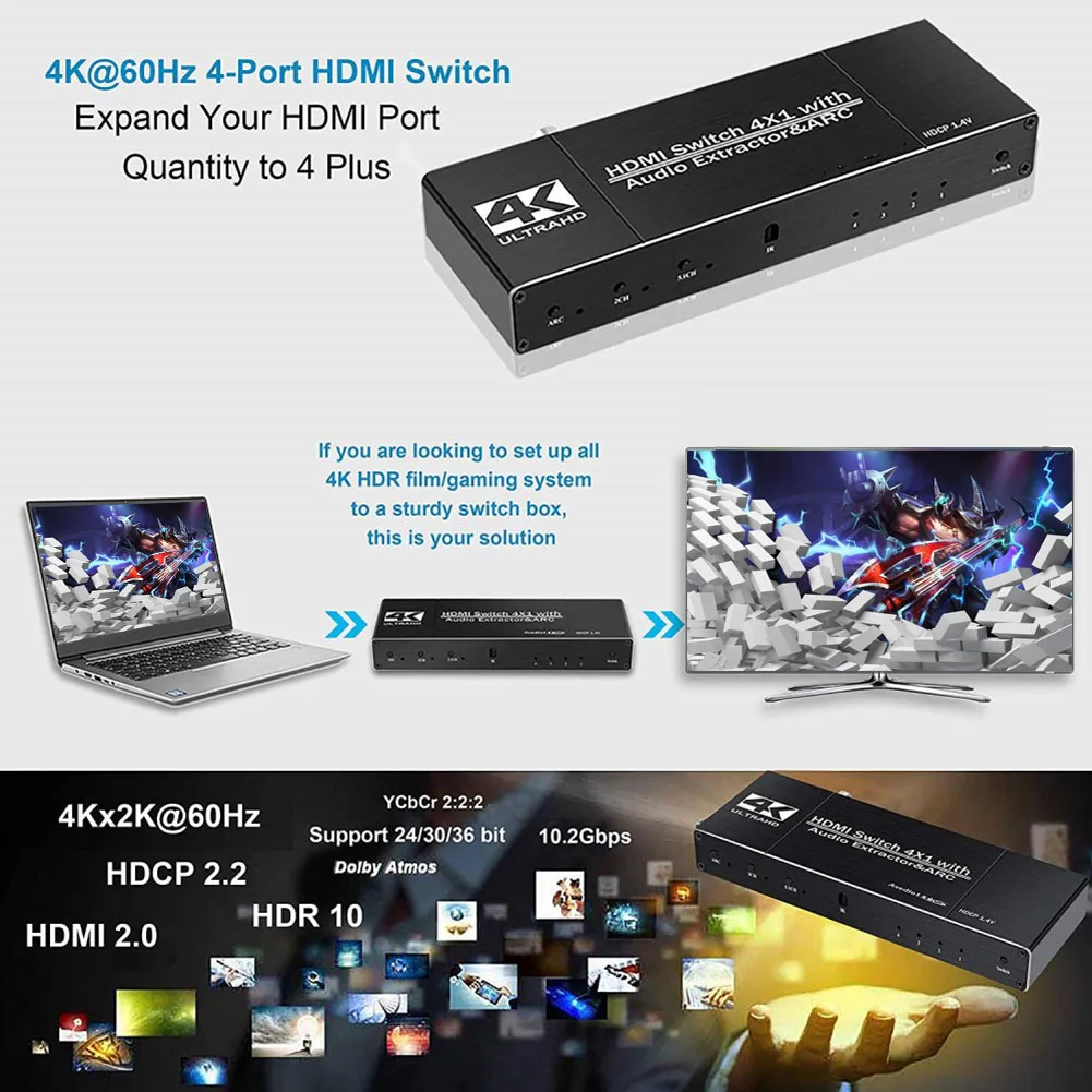 Hdmi матрица 4x2 4K при 60 Гц HDR 4 в 2 YUV 4: оптический сплиттер SPDIF + 3 5 мм аудиовыход HDMI