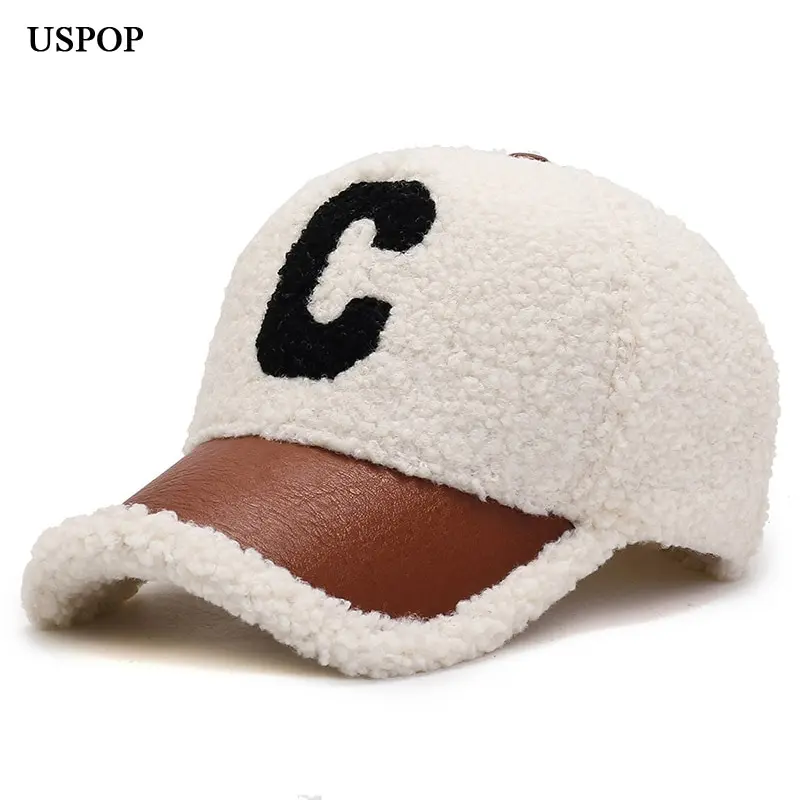 

USPOP 2021 New Winter Caps Letter Embroidery Lamb Wool Baseball Cap Teddy Cashmere Warm Capss