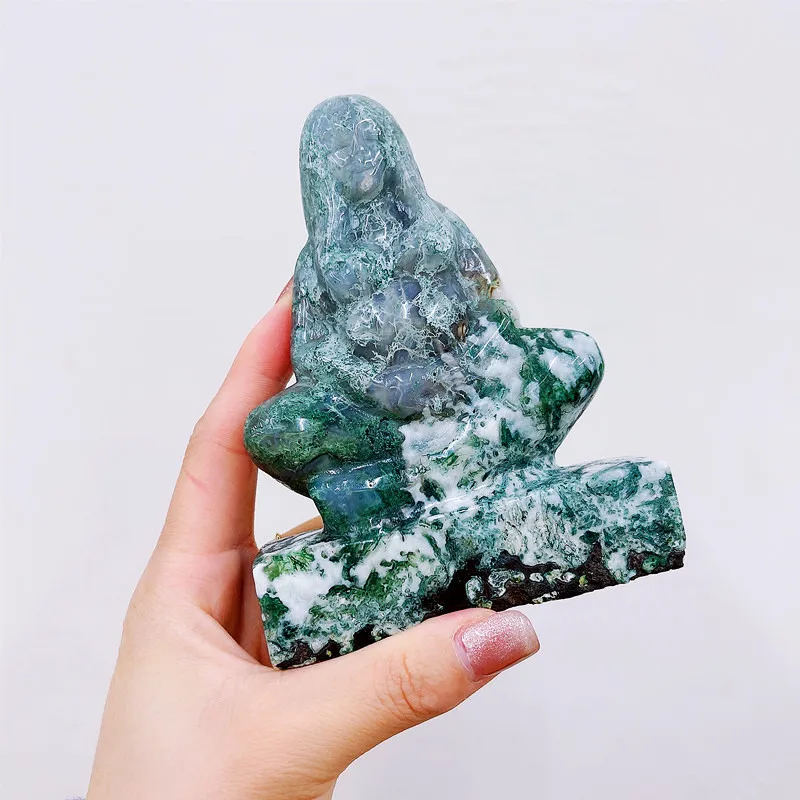 Natural moss agate  Goddess Statue Crystal Carved Woman  Figurine Feng Shui Chakra Healing Gemstone Decor Quartz Gift