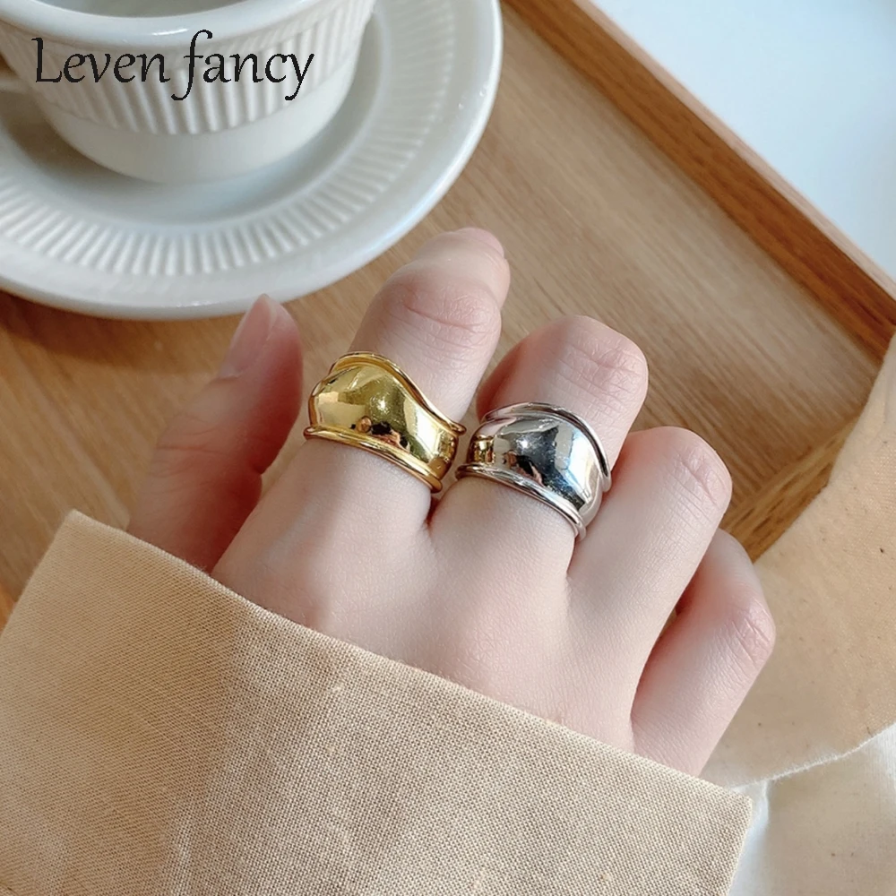 

LEVEN FANCY Punk Band Wide Face Irregular Ring 92.5% Sterling Silver Jewelry Gold Color Design Women Engagement Ring 925