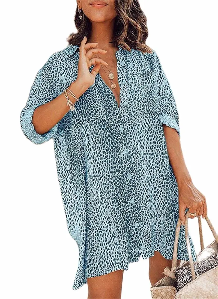 

2021 Summer The New Ms Dress Leopard Printing Long Sleeve Mini Shirt Skirt