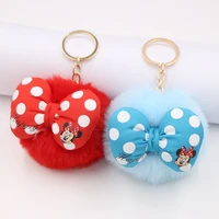 disney minnie keychain cute bowknot soft hair ball keyring fashion plush small ornaments ladies bag accessories car key chain