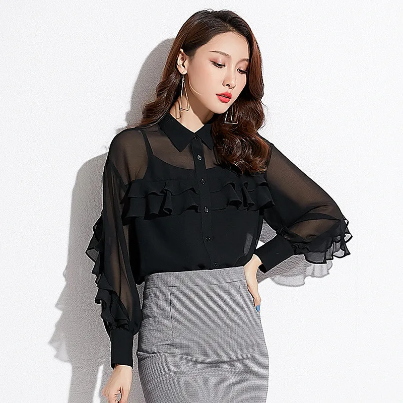 Женская рубашка Весенняя Новинка черная шифоновая с длинным рукавом и рюшами на