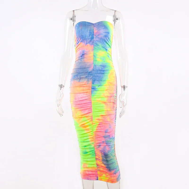 

women's colorful Pleated Dress, sleeveless and strapless, tight, printed to the ankle