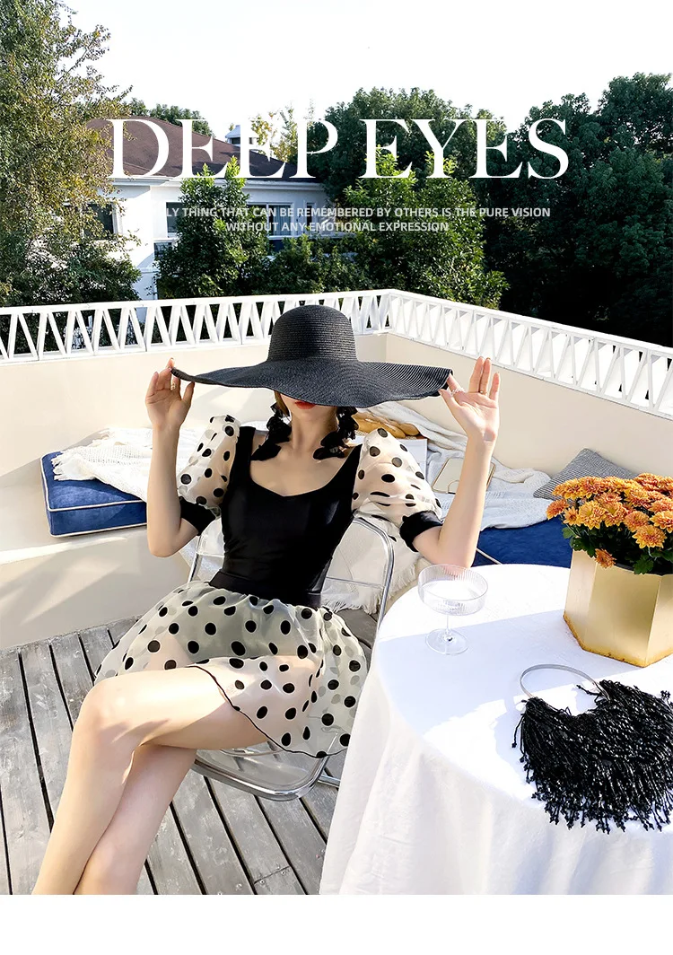 

new sexy halter French temperament polka dots thin cover belly one-piece skirt style bubble sleeve hot spring swimsuit women