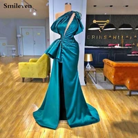 smileven green evening dresses one shoulder beaded party dress dubai long train luxury crystal side split prom dress