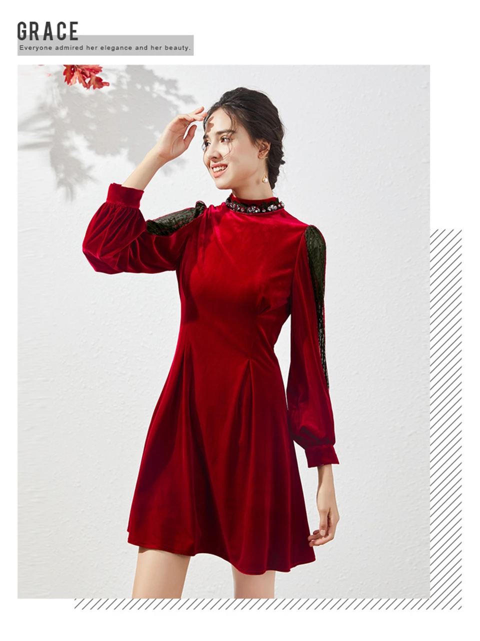 

Formal Dress 2020 Autumn Luxury Ladies Stand-Up Collar Beaded Lace Stitch Lantern Long Sleeves Dresses Slim Velvet A-Line Skirt