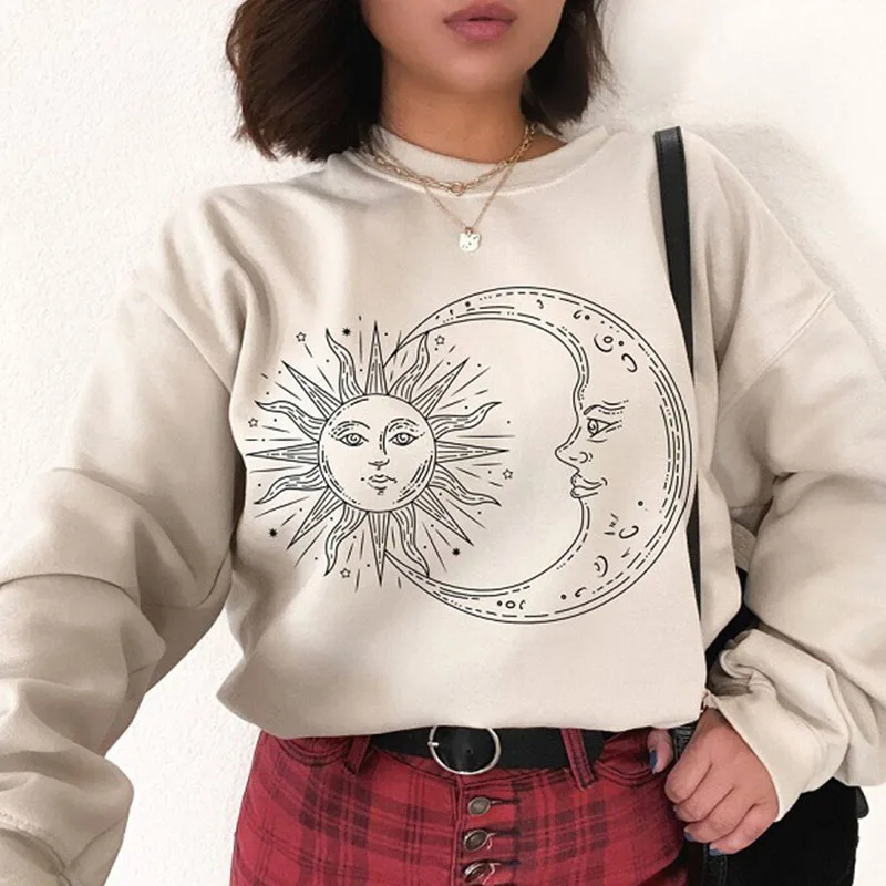 

Beige Sun Moon Face Print Oversized Sweatshirt 2021 New Women Vintage Streetwear O Neck Long Sleeve Pullover Fashion Tops Autumn