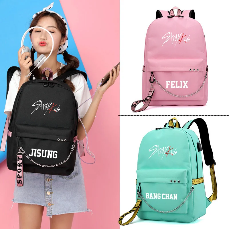 

KPOP Stray Kids Backpack Student Large-Capacity USB Rechargeable Breathable School Bag Felix Bang Chan JISUNG Travel Bag G35