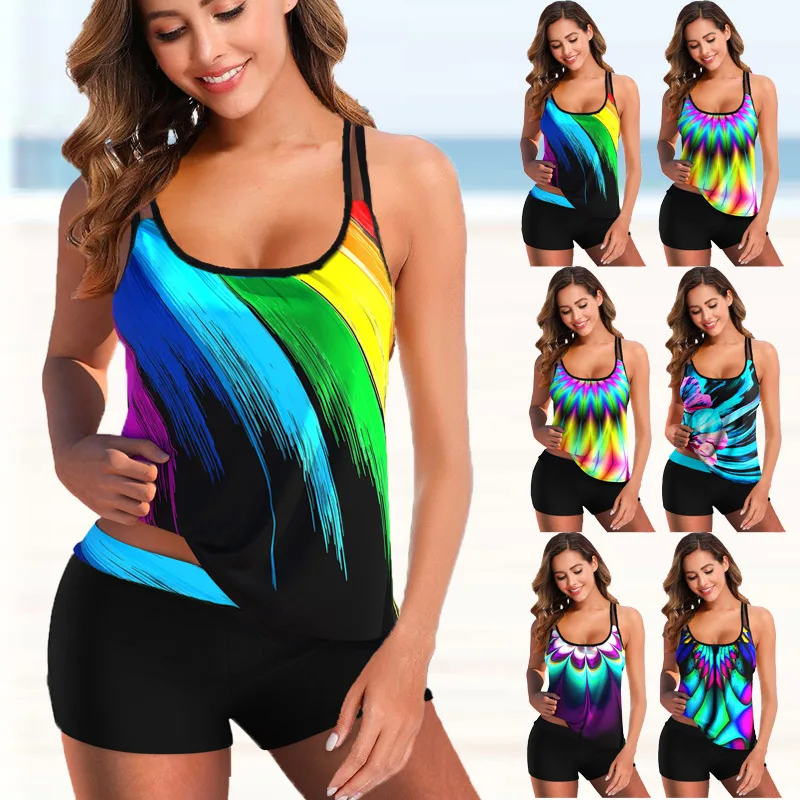 Plus Size Women Sexy Beachwear Swim Tankini Swimwear Bathing Suit Two Pieces Bikini Swimsuits Female Printed Summer Swimdress