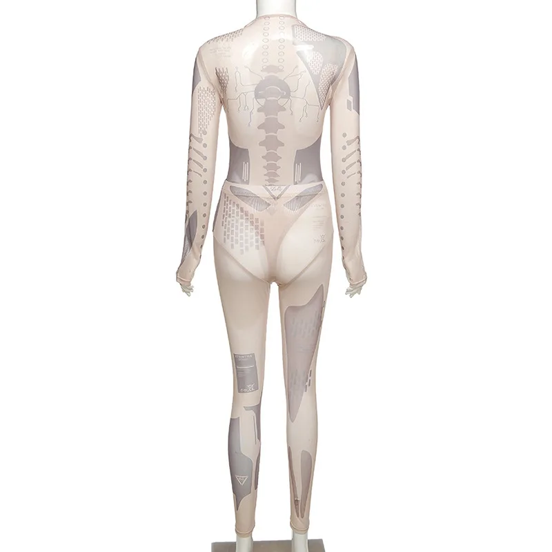 

Women's Perspective Printed Two Piece Set Mock Neck Long Sleeve Sexy Bodycon Bodysuit+pants Set Woman 2 Piece Matching Set