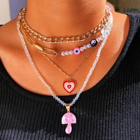 flatfoosie new heart mushroom pearl beaded choker necklace for women multilayer yin yang beads link metal chain necklace jewelry