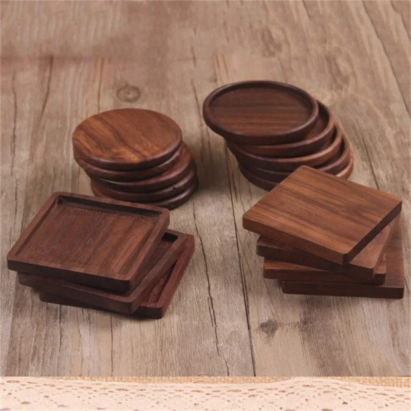 

Wooden Tea Cup Mat Black Walnut Wood Coaster Square Retro Cups Holder Round Coffee Mug Pad DIY Home Kitchen Tableware Decoration