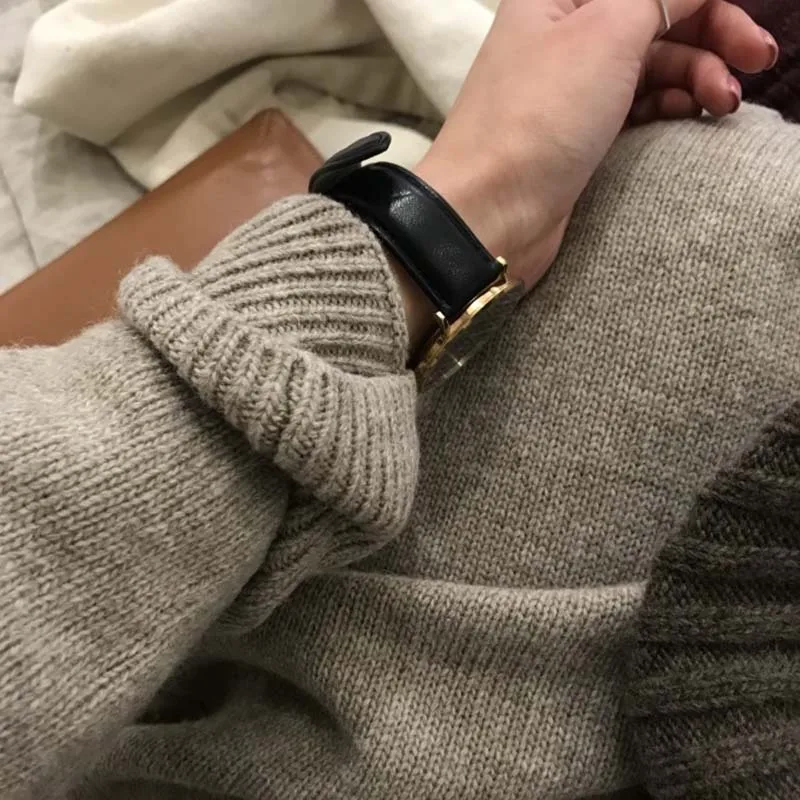 

2020 Soild Colors Winter Loose Style Women Dress Elegant Korea Knitted Sweater Dress V Neck Women Casual Dress Long V-neck